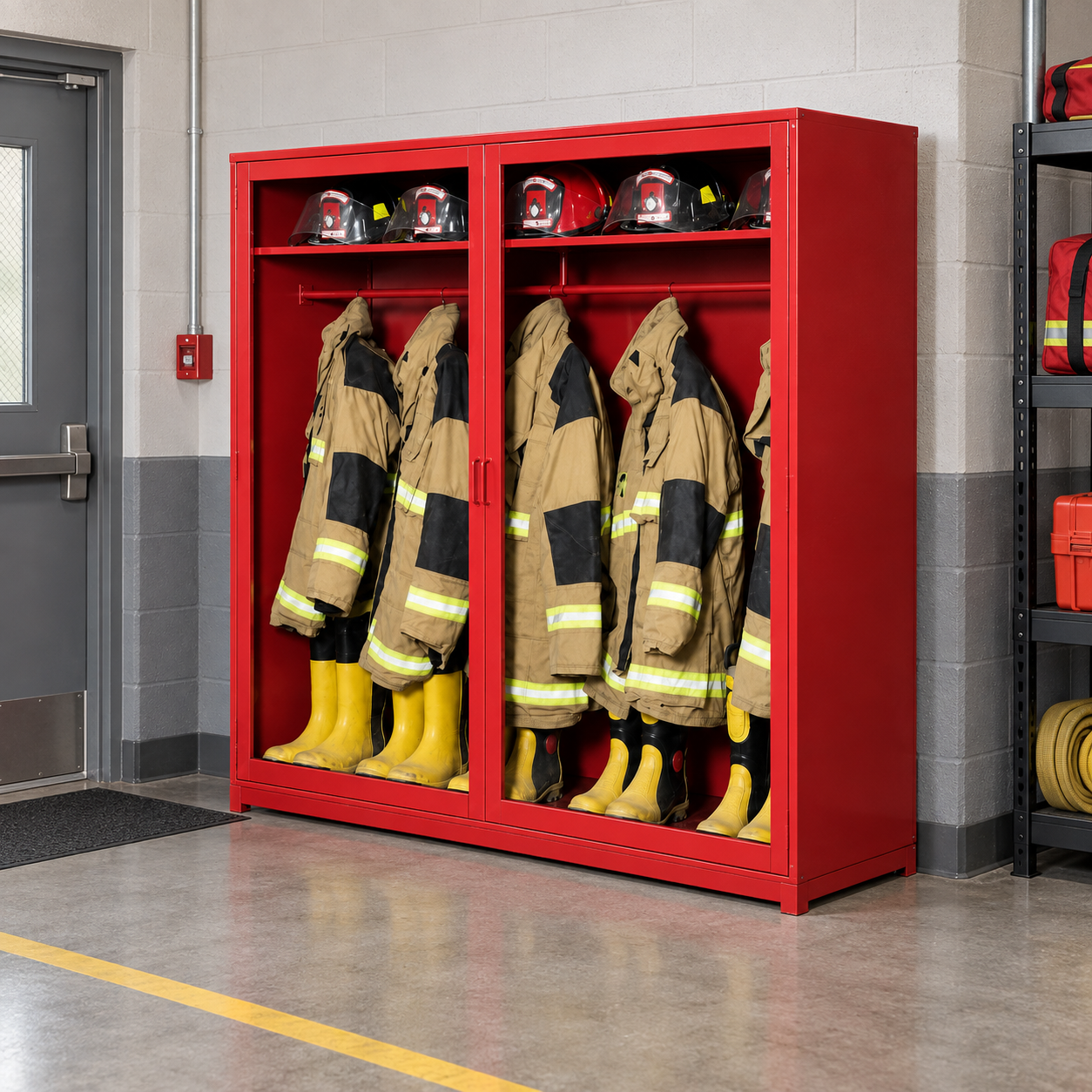 Gabinete para EPP de brigada instalado en una sala de equipos de emergencia