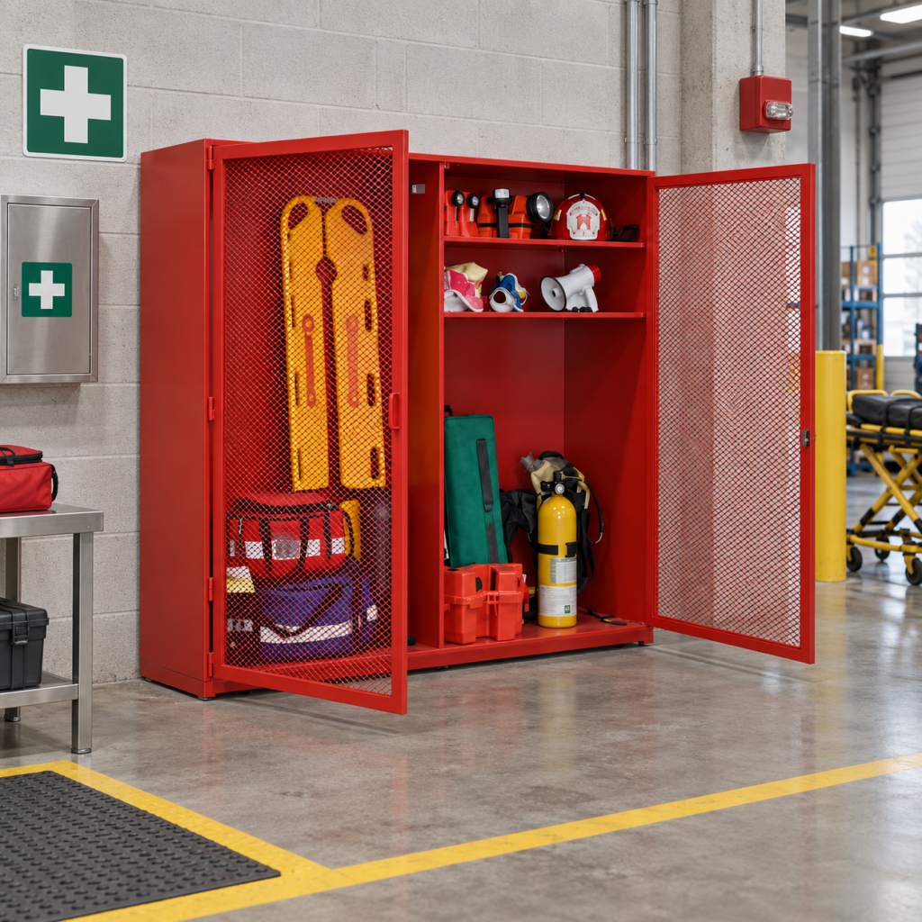 Gabinete para estación de emergencia instalado en un área industrial