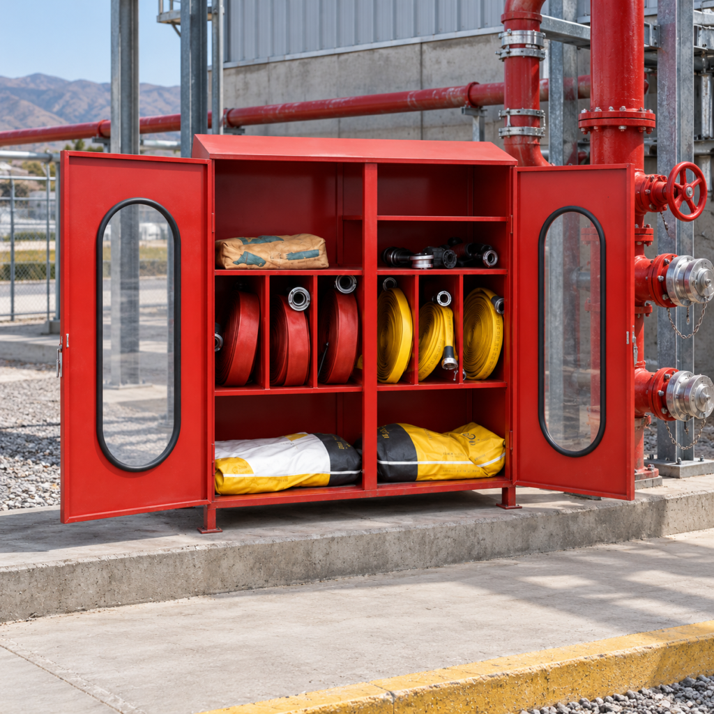 Gabinete para red contra incendios RCI instalado junto a tuberías industriales
