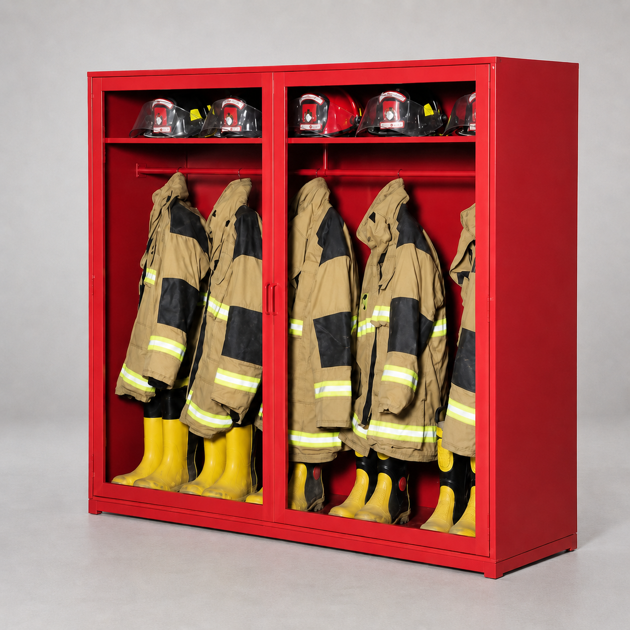 Gabinete rojo para equipos de brigada con cascos, chaquetas y botas