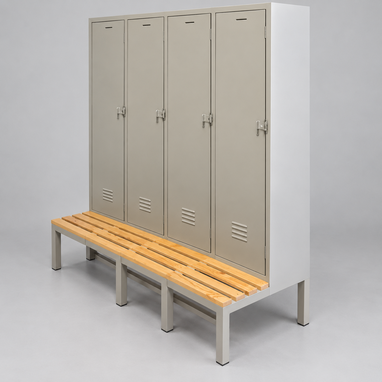 Banca mixta con asiento de madera para casilleros