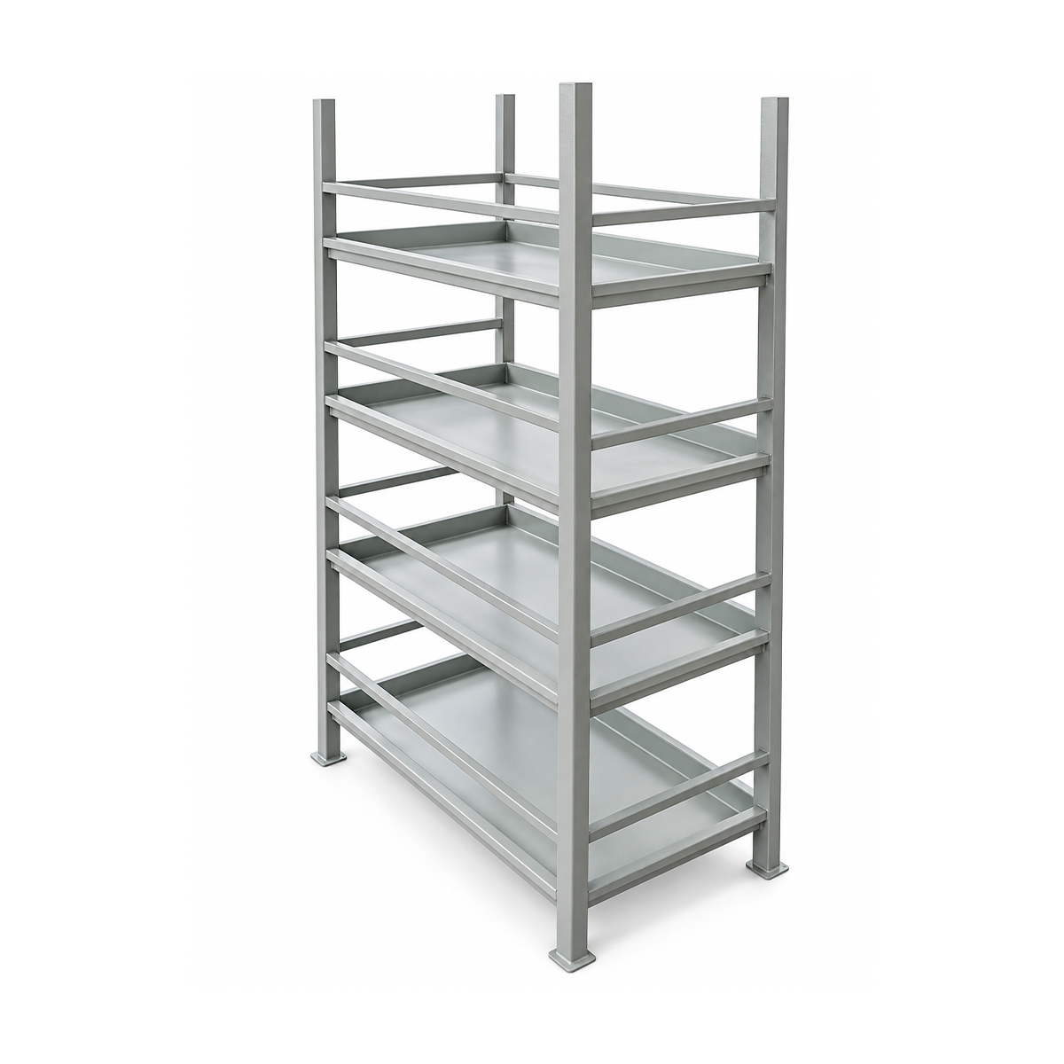 Rack industrial de cinco niveles con bandejas antiderrame