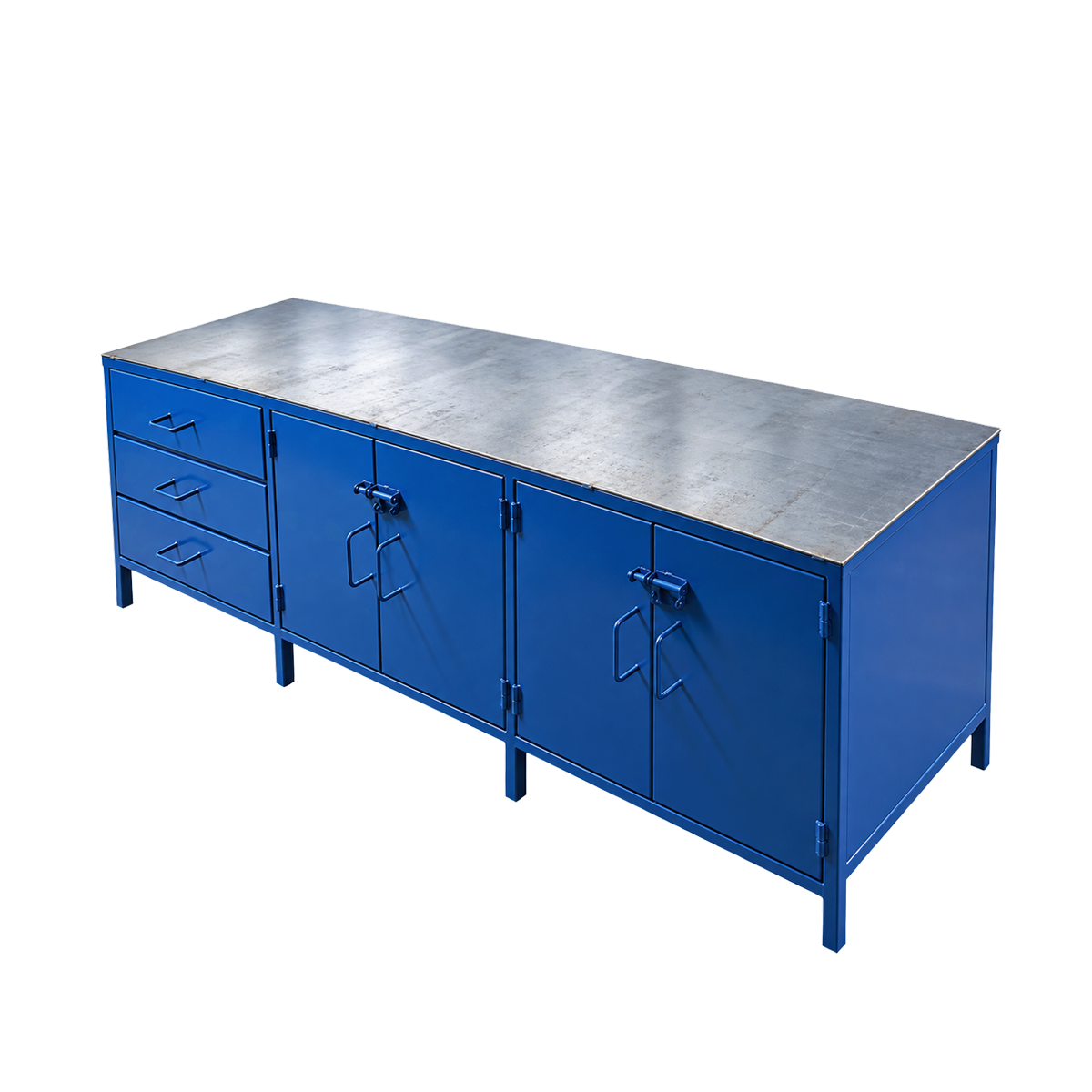 Mesón de trabajo industrial con cajonera y gabinetes