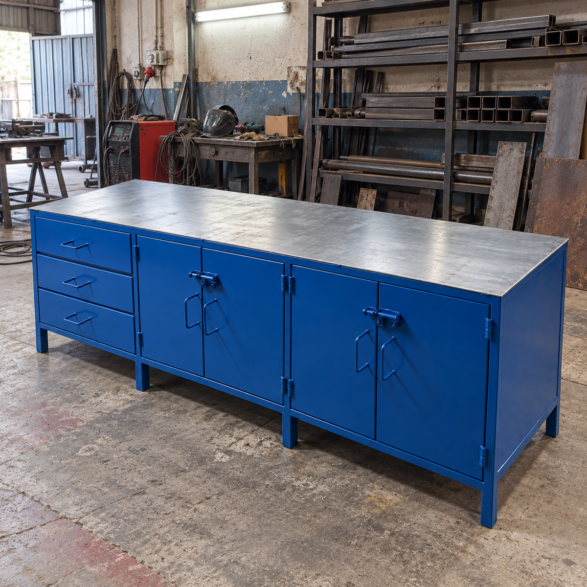 Mesón de trabajo industrial con cajonera y gabinetes - Imagen 2