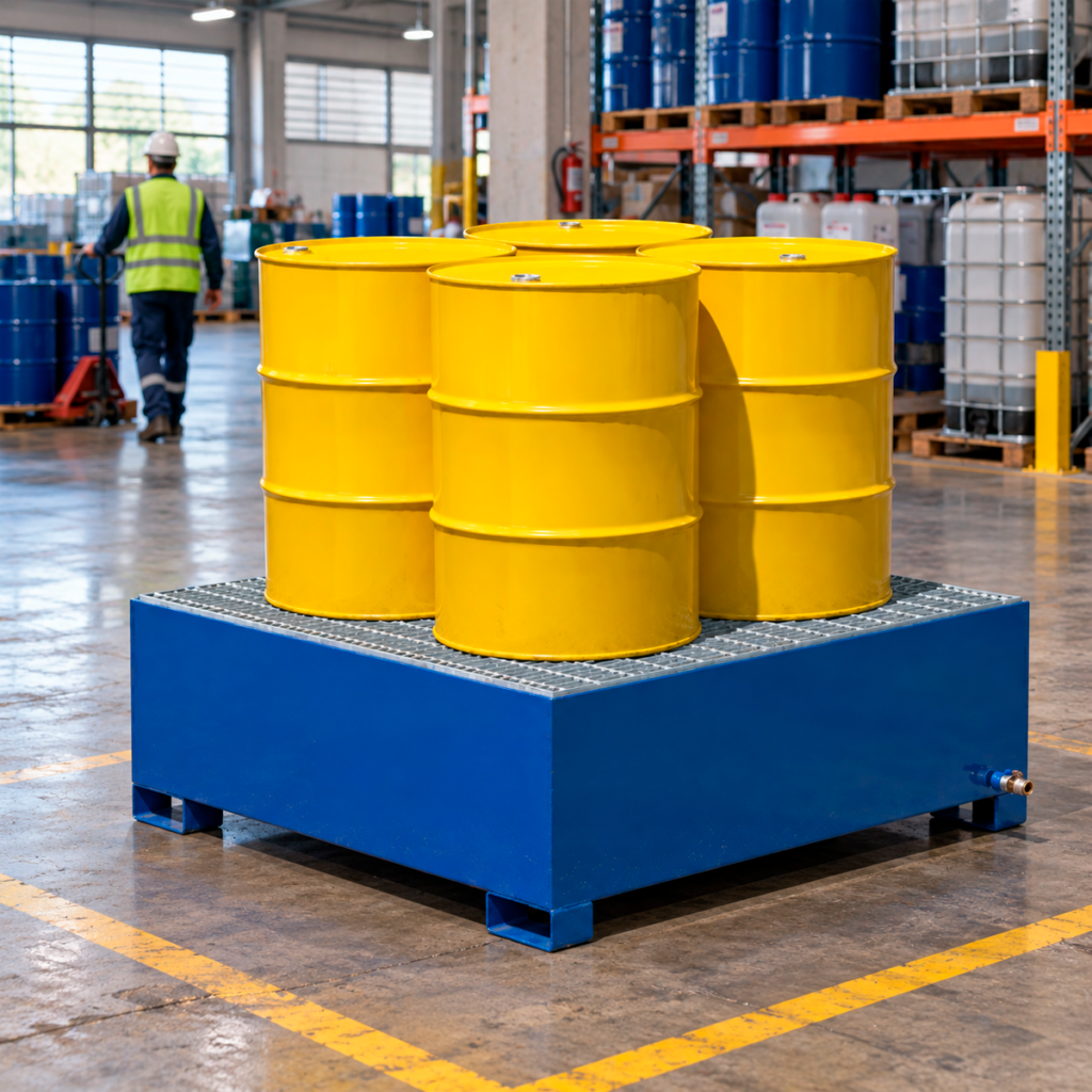 Pallet antiderrame para cuatro tambores instalado en una bodega